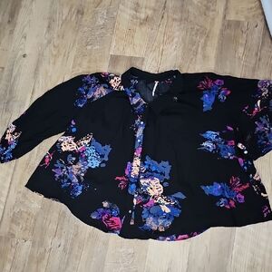 Free People Black Blouse with Vibrant Floral Design